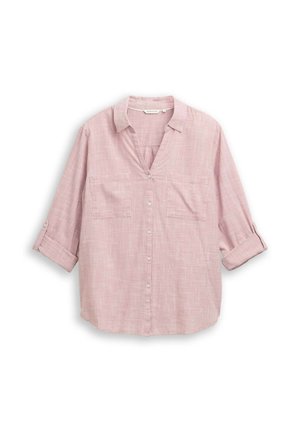 Lichtroze overhem shirt van geweven stof. Beschikt over een kraag, twee borstzakken en opgerolde mouwen. Minimalistisch textuurpatroon.
