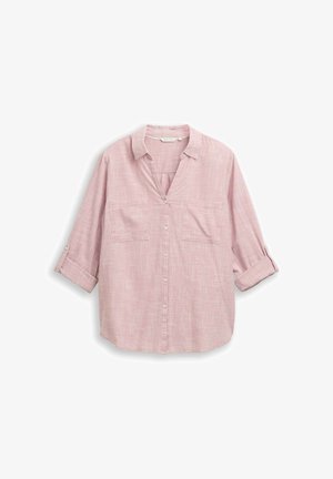 Jasnoróżowa koszula zapinana na guziki, wykonana z tkaniny tkanej. Posiada kołnierzyk, dwie kieszenie na piersi oraz podwinięte rękawy. Minimalistyczny wzór teksturowany.