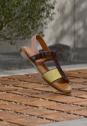 Καφέ και κίτρινο επίπεδο σανδάλι με λουράκι σε σχήμα Τ και αγκράφα στον αστράγαλο, τοποθετημένο πάνω σε υφή ξύλινης πλακίδας σε εξωτερικό χώρο με θολό φόντο από πράσινα φυτά.