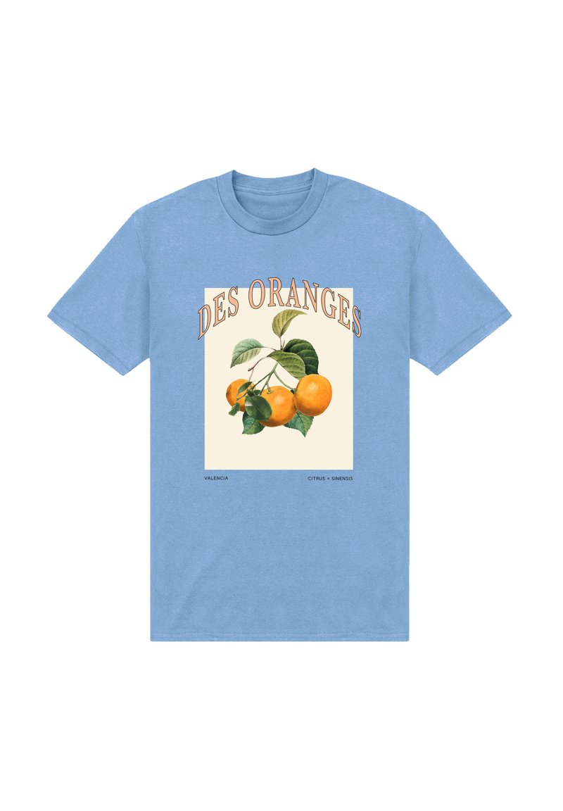 Svetle modré tričko s ilustrací tří pomerančů s listy a textem "DES ORANGES" nad ovocem.