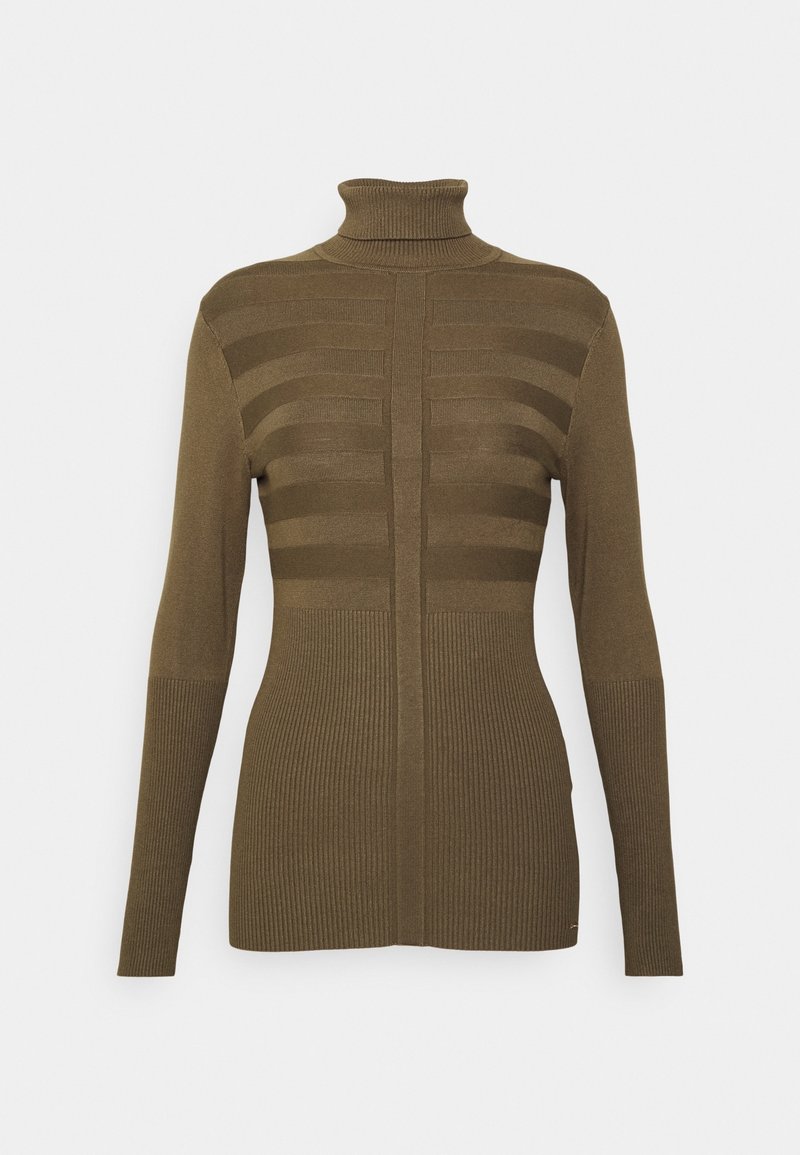 Olivgrüner Rollkragenpullover mit tailliertem Design. Verfügt über eine gerippte Textur, vertikales Streifenmuster auf der Brust und lange Ärmel.