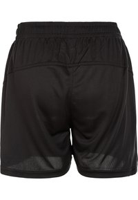 Sorte atletiske shorts med elastisk talje, der har en glat overflade og mesh-detaljer bagpå for åndbarhed.