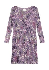 Langdurige jurk in lavendel met een bloemenpatroon van roze, witte en groene bloemen. Uitlopende rok met geplooide naden. Zachte stof.
