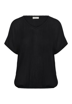 Black short-sleeve V-neck blouse with loose fit and slightly textured fabric, designed for casual or office wear.
