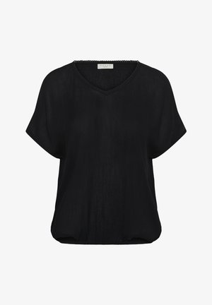 Blusa negra de manga corta con escote en V, de corte holgado y tela ligeramente texturizada, diseñada para uso casual o de oficina.