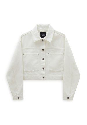 Cropped white denim jacket with two chest pockets, brown button closures, and a classic collar. Soft texture and long, slightly puffy sleeves.