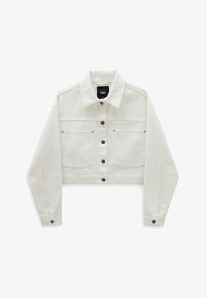Cropped white denim jacket with two chest pockets, brown button closures, and a classic collar. Soft texture and long, slightly puffy sleeves.