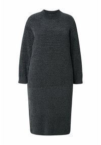Robe en tricot gris à manches longues et col rond côtelé. Texture lisse, silhouette ajustée, tombant juste au-dessus du genou. Pas de motifs ni d'accents.