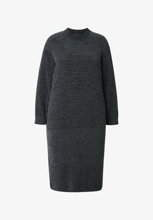 Gray knit dress with long sleeves and a ribbed crew neckline. Smooth texture, fitted silhouette, falling just above the knee. No patterns or accents.