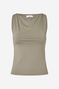 Olive green sleeveless top with a draped neckline, smooth texture, fitted design, and subtle stitching details along the hem.