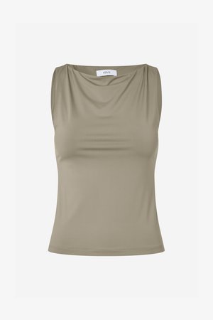 Maslinasto zelena majica bez rukava s drapiranim dekolteom, glatkom teksturom, pripijenim dizajnom i suptilnim detaljima šivanja duž rubova.