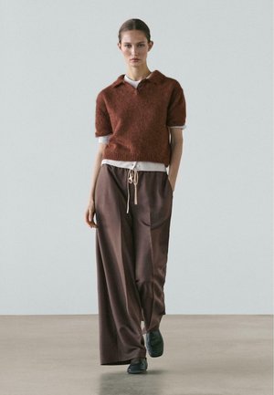 Maglione polo in maglia color ruggine con maniche corte, indossato sopra una camicia bianca, abbinato a pantaloni marroni a gamba larga e scarpe nere.