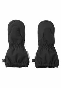 Schwarze isolierte Fäustlinge mit glattem Außenmaterial, elastischen Bündchen und einer geschwungenen Form für die Passform der Hand. Verfügt über einen sicheren Verschlussmechanismus.