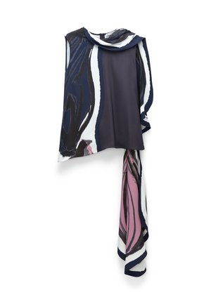 Ärmellose Bluse in Marineblau und Weiß mit einem pinkfarbenen abstrakten Muster. Verfügt über einen drapierten Ausschnitt und ein fließendes, angenähtes Schal-Detail.
