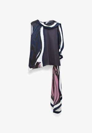 Ärmellose Bluse in Marineblau und Weiß mit einem pinkfarbenen abstrakten Muster. Verfügt über einen drapierten Ausschnitt und ein fließendes, angenähtes Schal-Detail.