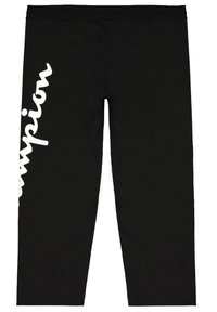 Czarne legginsy z białym logo napisanym na lewej stronie, wykonane z gładkiego, elastycznego materiału z elastycznym pasem.