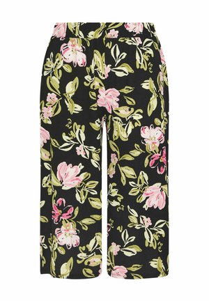 Czarne spodnie o szerokich nogawkach z różowo-zielonym kwiatowym wzorem, wyposażone w elastyczny pas i skróconą długość.