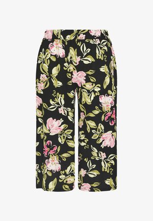 Czarne spodnie o szerokich nogawkach z różowo-zielonym kwiatowym wzorem, wyposażone w elastyczny pas i skróconą długość.