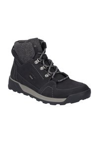 Bota de senderismo negra con un cuello texturizado gris, ojetes metálicos y costuras grises. Suela de goma con un patrón de taco resistente para mayor tracción.