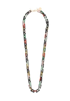 Wielobarwny naszyjnik z łańcuszkiem z prostokątnymi ogniwami w kolorach czarnym, zielonym, czerwonym, różowym, białym i złotym, z zamkiem i zawieszką w kolorze złotym.