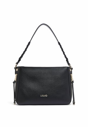 Borsa a mano in pelle nera con texture, dotata di cerniere dorate ai lati, tracolla intrecciata e logo "LIU JO" in oro al centro sul davanti.
