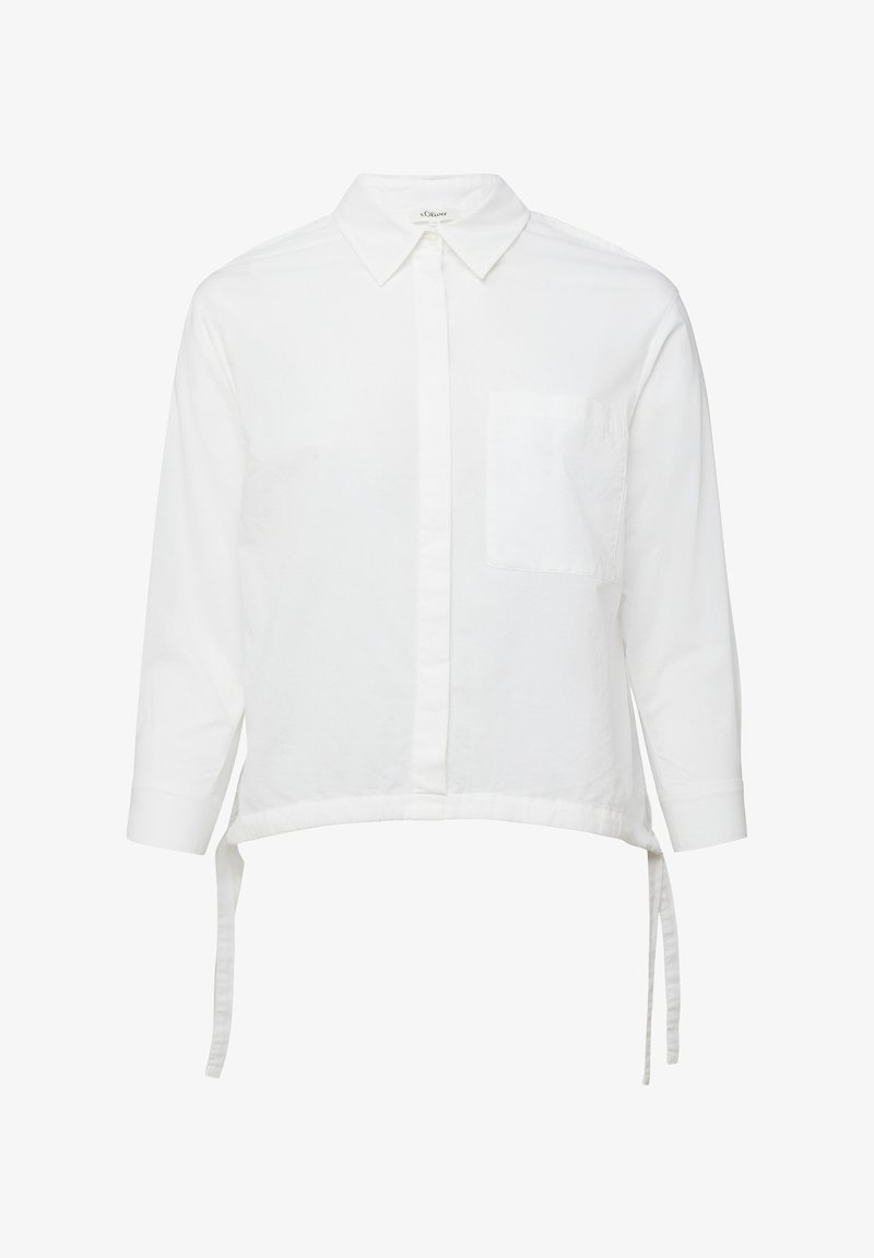 Chemise blanche à manches longues avec col, poche poitrine avant, patte de boutonnage et cordons de serrage à l'ourlet.