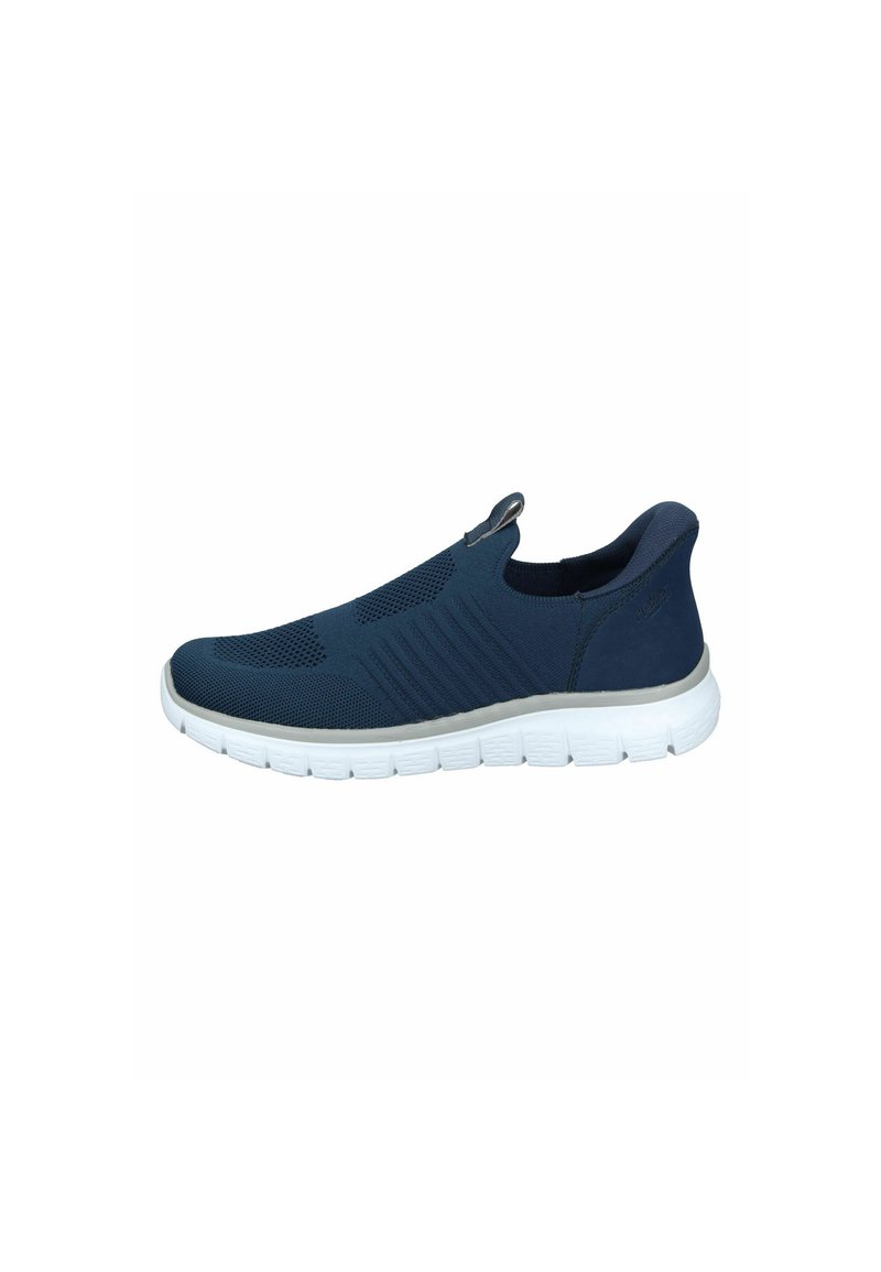 Scarpa slip-on di colore navy con tomaia in mesh traspirante, accenti testurizzati e suola in gomma bianca caratterizzata da scanalature flessibili per il comfort.