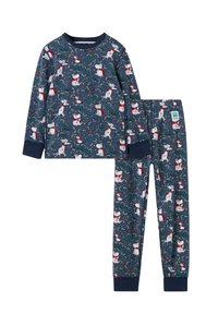 Pajama set in navy fabric featuring cartoon animals and foliage. Long-sleeved top with ribbed cuffs and matching elastic waistband pants.