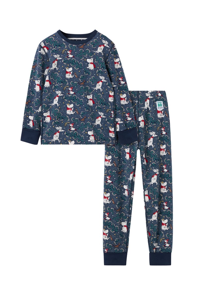 Pajama set in navy fabric featuring cartoon animals and foliage. Long-sleeved top with ribbed cuffs and matching elastic waistband pants.