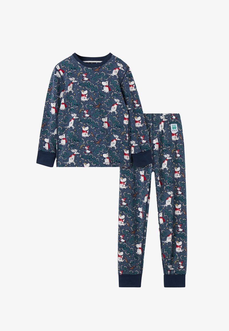 Pajama set in navy fabric featuring cartoon animals and foliage. Long-sleeved top with ribbed cuffs and matching elastic waistband pants.