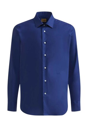 Camicia a maniche lunghe blu navy in tessuto morbido, con colletto a punta, chiusura frontale con bottoni e dettagli sottili del logo sul lato.