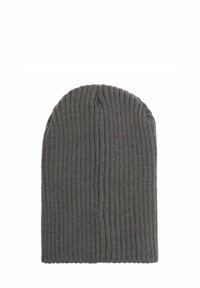 Szary, dzianinowy beanie z pionowym prążkowaniem, miękką teksturą i prostym, szpiczastym kształtem u góry.