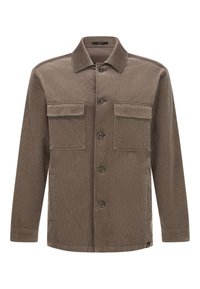 Brun manchesterjacka med krage, två framfickor, knäppning med knapp och strukturerad tyg. Standardpassform, långa ärmar.