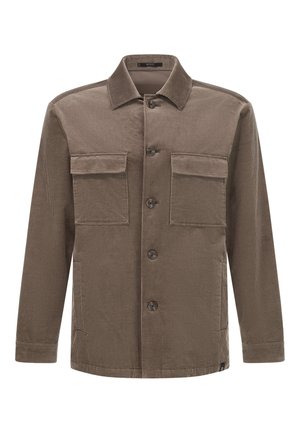 Ruosteenvärinen corduroy-takki, jossa on kaulus, kaksi etupussia, napitus ja teksturoitu kangas. Tavallinen istuvuus, pitkät hihat.