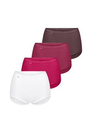 Quatre paires de culottes pour femmes en blanc, rose vif, rose foncé et brun foncé, disposées en rangée décalée sur fond blanc.
