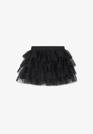 Gonna in tulle nero con più strati di balze e una fascia elastica in vita per il massimo comfort. Texture morbida con una silhouette fluida.