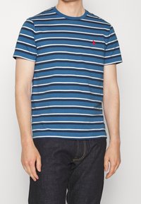 Blårandig t-shirt i bomull med horisontella ränder i olika nyanser av blått och grått. Har en röd logotyp på bröstet.