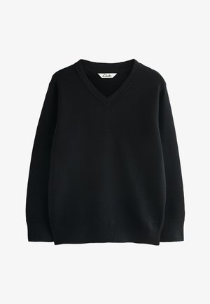 Zwarte V-hals trui gemaakt van zachte stof. Voorzien van lange mouwen, geribde halslijn en zoom. Eenvoudig ontwerp zonder opvallende patronen of accenten.