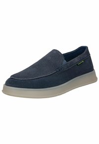Námornické slip-on boty s texturovaným síťovým vrškem, měkkými semišovými akcenty a světle šedou gumovou podrážkou, s minimálním detailním logem.