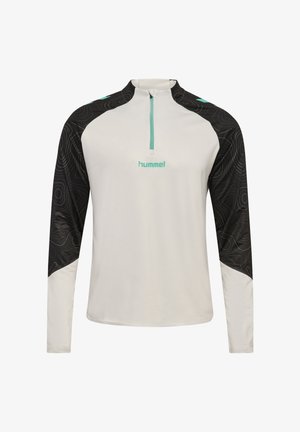 Sportief shirt met lange mouwen en een kwartrits, wit lijf, zwart patroon op de mouwen en schouders, en een turkooizen logo op de borst.