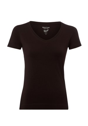 Black short-sleeve slim fit cotton t-shirt with a V-neck, displayed flat on a white background.