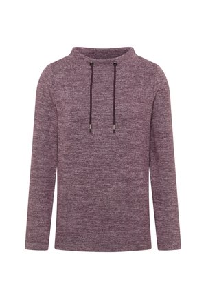 Pullover lungo viola a maniche lunghe con scollatura rotonda, cappuccio con coulisse e un motivo a maglia testurizzata. Presenta coulisse nere in contrasto.