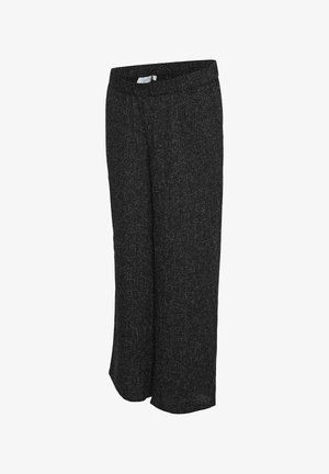 Melnas plašas bikšu bikses no teksturēta auduma ar smalku rakstu. Aprīkotas ar elastīgu jostasvietu ērtībai.