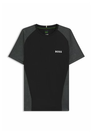 Black short-sleeve T-shirt with gray textured panels and a small white "BOSS" logo on the chest. Round neckline and raglan sleeves.