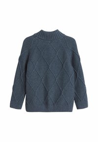 Gebreide pullover in donkerblauw met een hoge geribde kraag. Heeft een ruitpatroon en een geribde onderrand. Lange mouwen met verlaagde schouders.