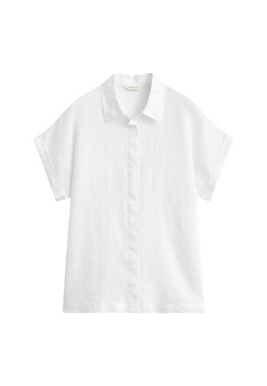 Witte korte mouwen overhemd met knopen, kraag, losse pasvorm en verborgen knopen aan de voorkant.