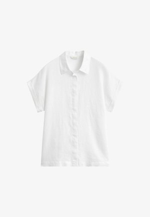 Witte korte mouwen overhemd met knopen, kraag, losse pasvorm en verborgen knopen aan de voorkant.
