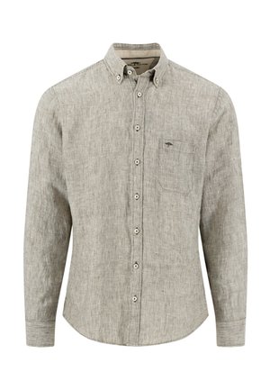 Leichtes langärmliges Hemd aus grauem Leinen mit Knöpfen, knöpfbarem Kragen und Brusttasche, mit subtiler Textur und kleinem gesticktem Logo.