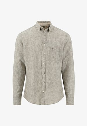 Leichtes langärmliges Hemd aus grauem Leinen mit Knöpfen, knöpfbarem Kragen und Brusttasche, mit subtiler Textur und kleinem gesticktem Logo.
