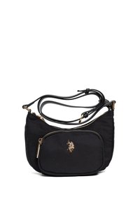 Czarna nylonowa torba na ramię z złotymi elementami, dwoma przedziałami zamykanymi na zamek i logo na przodzie. Gładka faktura i regulowany pasek.